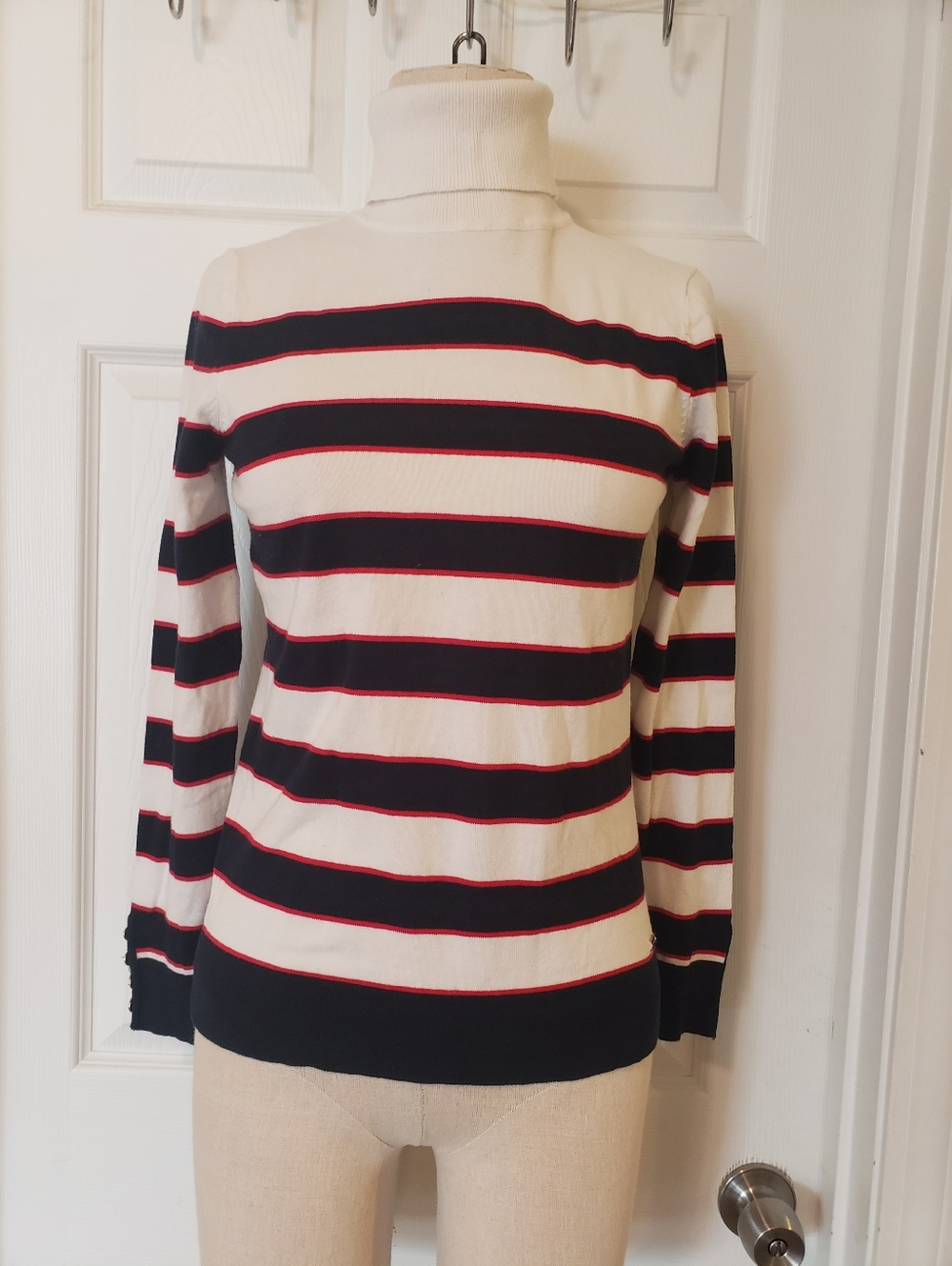 Turtleneck Striped Sweater - White, Navy & Red